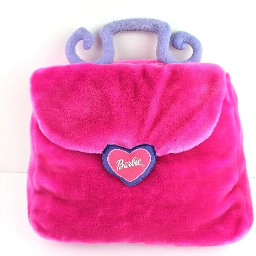 Vintage Barbie Plush Pillow Pink 2001 with Purple Handle 14 in x 12in Soft
